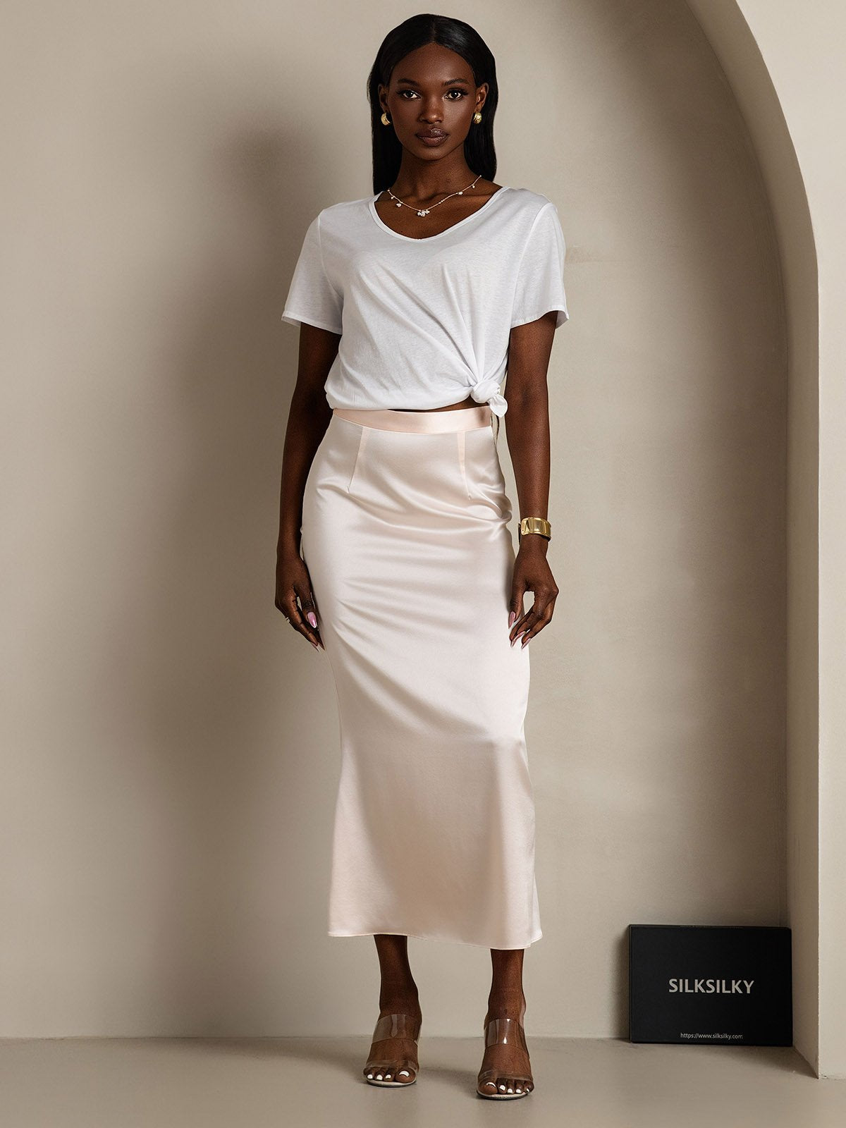 [Weiß] SilkSilky-DE Seide Kurzärmelig V Ausschnitt T-Shirt 007