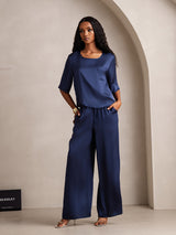 [Dunkelblau] SilkSilky-DE Half Sleeve Round Neck Damen Pyjamas 006