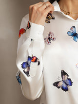 [Weiß Schmetterling] SilkSilky-DE Long Sleeve Lapel Collar Damenhemd 003