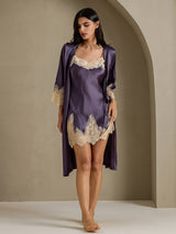 [Lilagrau] SilkSilky-DE 3/4 Sleeve V Neck Nachthemd&Morgenmantel Set 009
