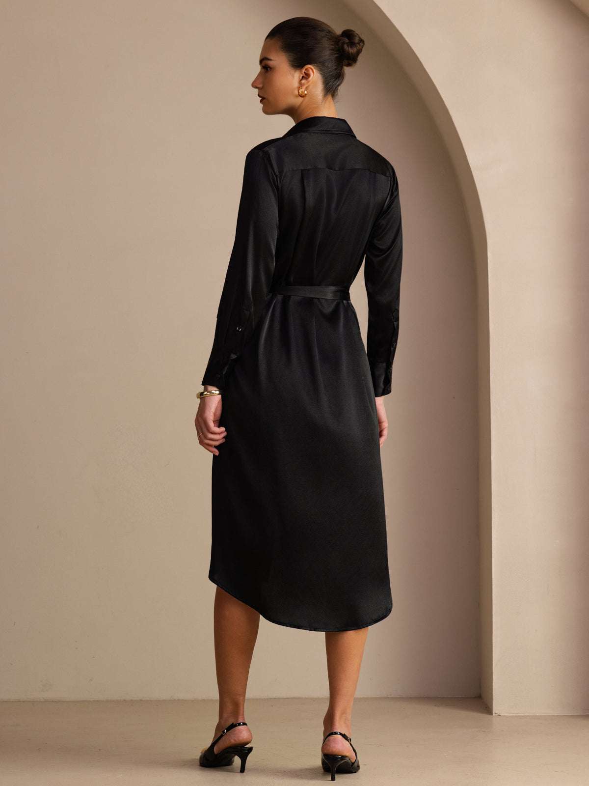 [Schwarz] SilkSilky-DE Long Sleeve Lapel Collar Kleider 002