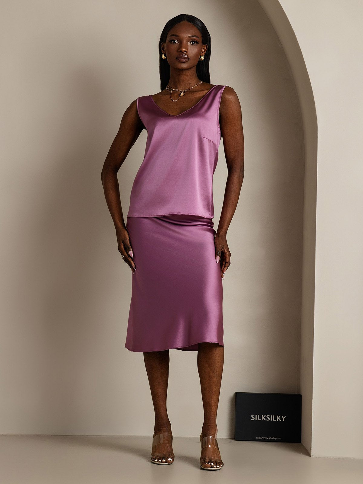 [Dunkelviolett] SilkSilky-DE 19Momme Seide V Ausschnitt Cami Top 005