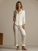 [Weiß] SilkSilky-DE Langärmelig Notch-Kragen Damen Pyjamas 007