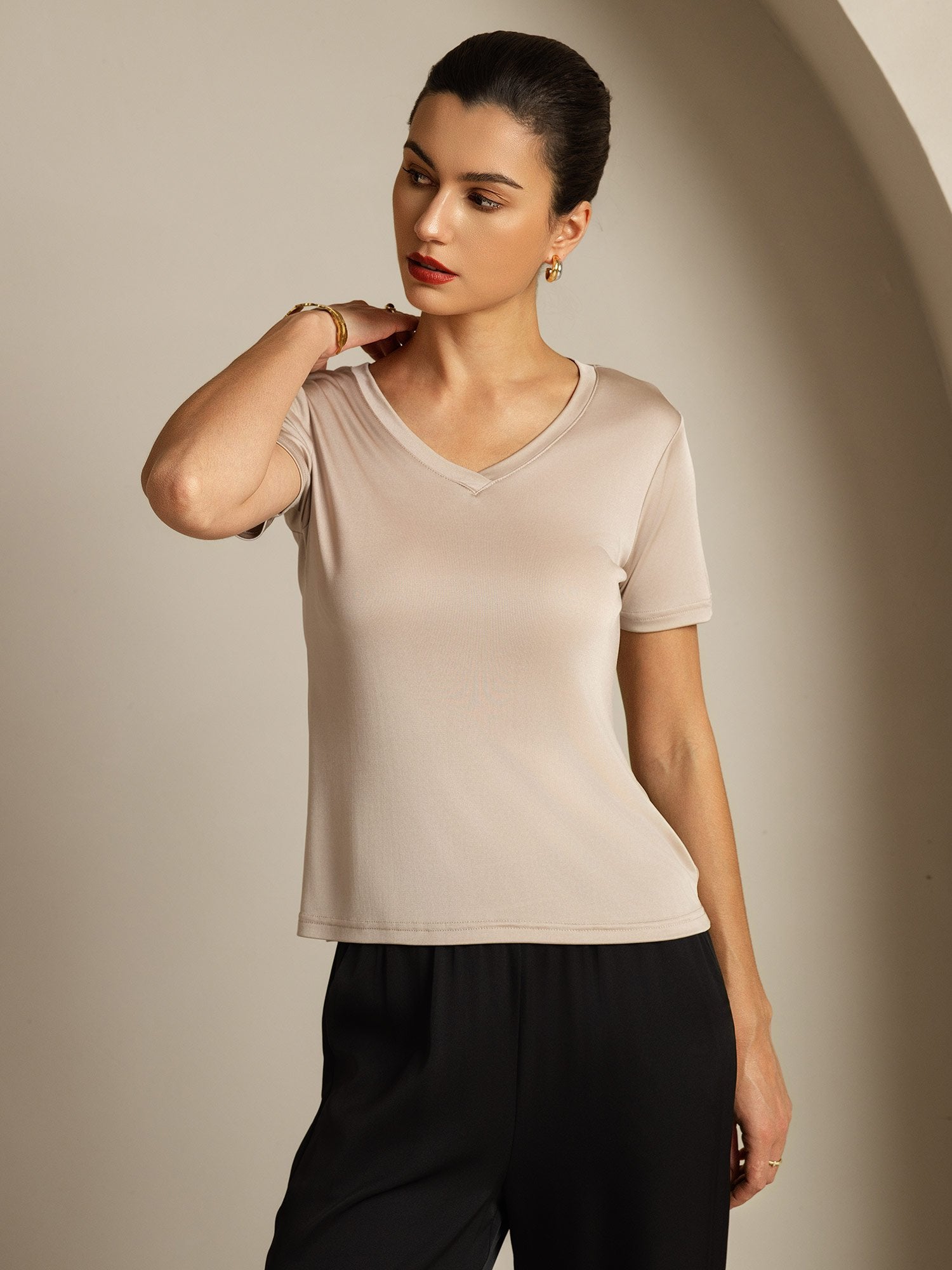 [Hellkhaki] SilkSilky-DE Reine Seide V Ausschnitt T-Shirt 005