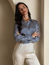 [Marine Streifen] SilkSilky-DE Long Sleeve Lapel Collar Damenhemd 001