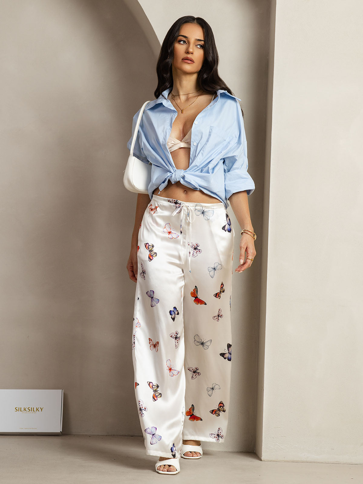 [Weiß Schmetterling] SilkSilky-DE 19Momme Seide Womens Pants 006