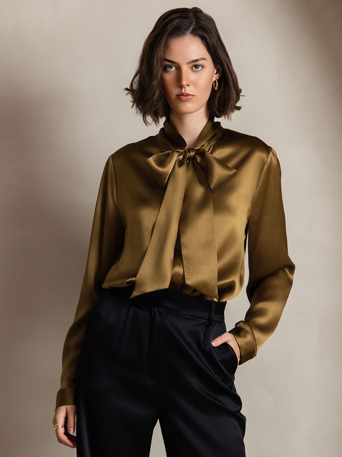 [Braun] SilkSilky-DE 19Momme Seide Langärmelig Blouse 006