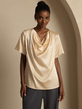 [Champagner] SilkSilky-DE Short Sleeve Cowl Neck Damenblusen 001
