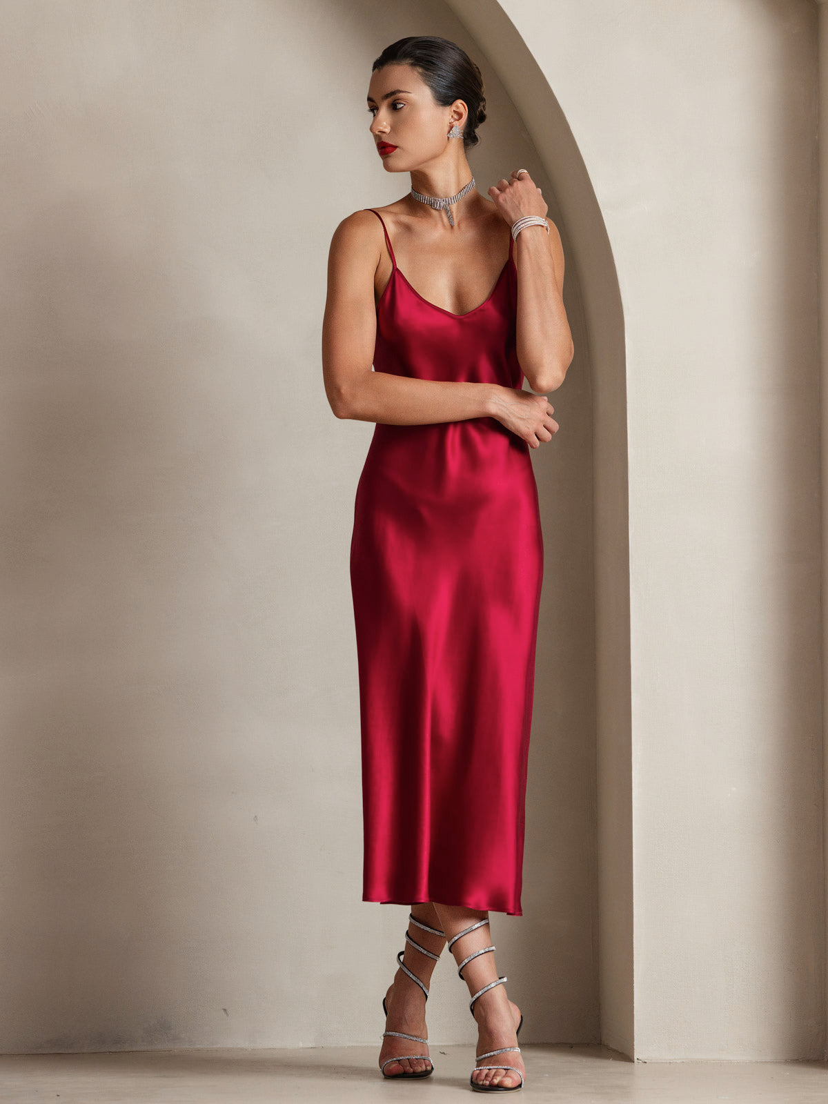 [Rotwein] SilkSilky-DE Ärmellos Kleider 006