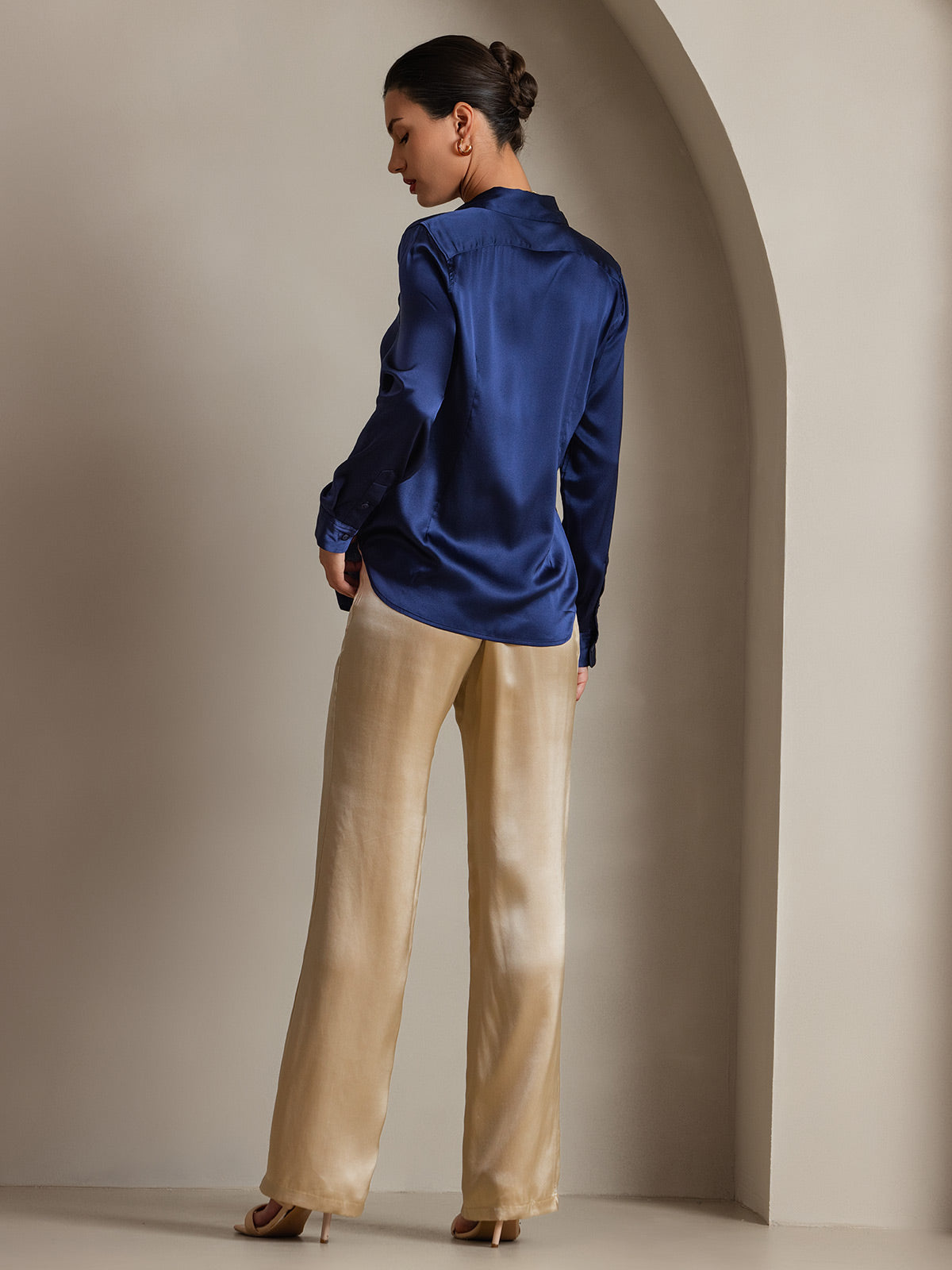 [Dunkelblau] SilkSilky-DE Seide Langärmelig Umlegekragen Damenhemd 002