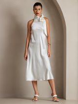 [Weiß] SilkSilky-DE 19Momme Stretch Silk Charmeuse Sleeveless Neckholder Kleider 008