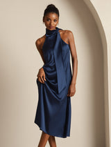 [Dunkelblau] SilkSilky-DE Sleeveless Tie Neck Kleider 006