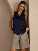 [Dunkelblau] SilkSilky-DE Sleeveless Lapel Collar Damenhemd 006