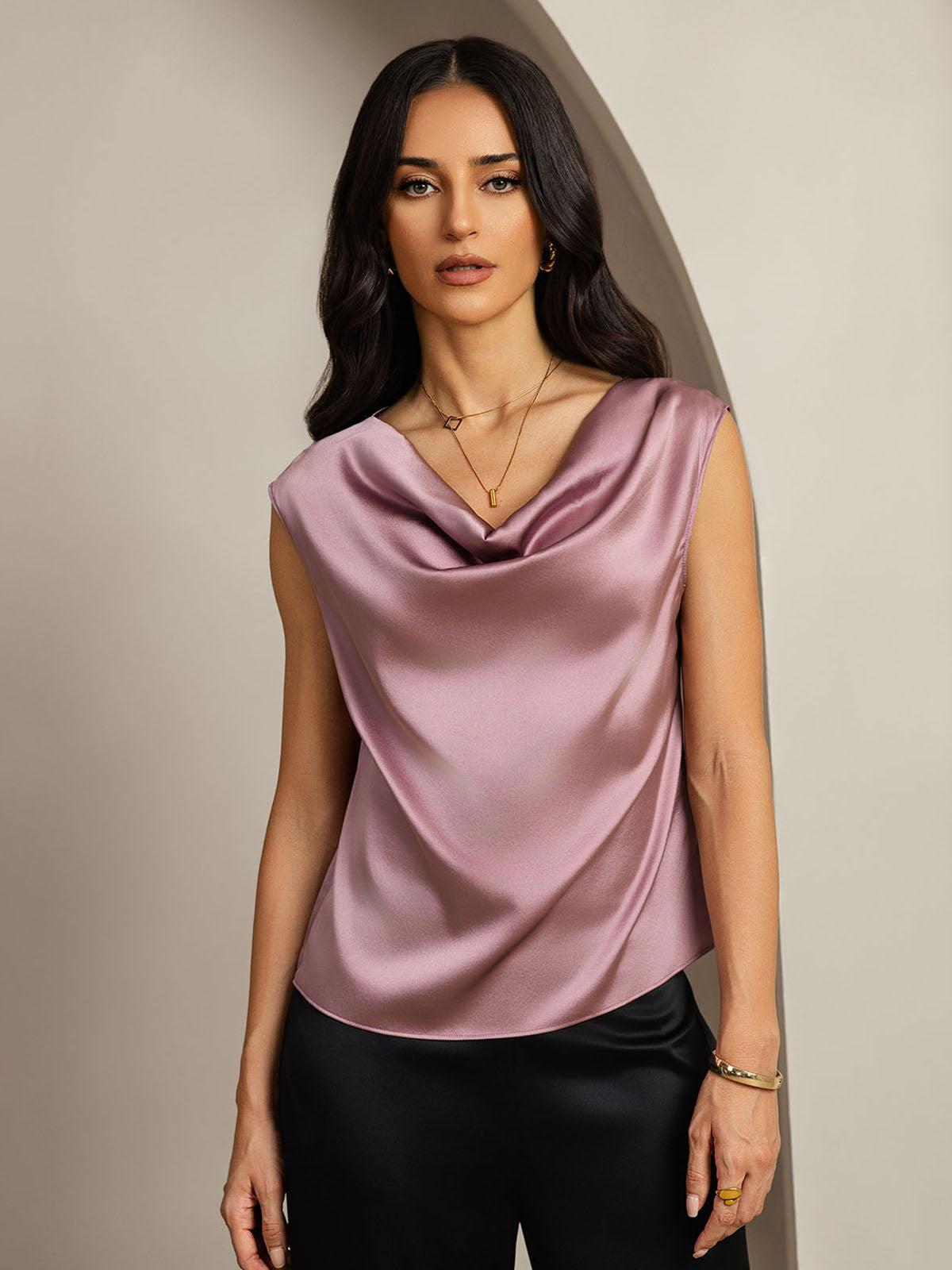 [Blasses Mauve] SilkSilky-DE 19Momme Seide Womens T-Shirt 001