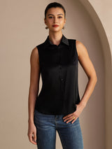 [Schwarz] SilkSilky-DE Sleeveless Lapel Collar Damenhemd 001