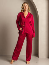 [Rotwein] SilkSilky-DE 19Momme Langärmelig Notch-Kragen Damen Pyjamas 003