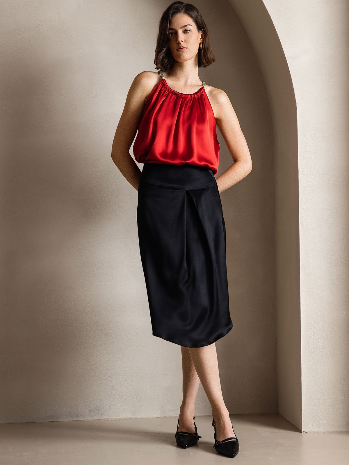 [Rotwein] SilkSilky-DE 19Momme Seide Ärmellos Rundkragen Cami Top 005