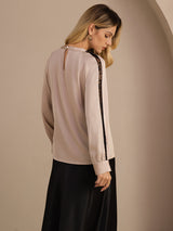 [Tan] SilkSilky-DE Long Sleeve Keyhole Neck Damenblusen 002