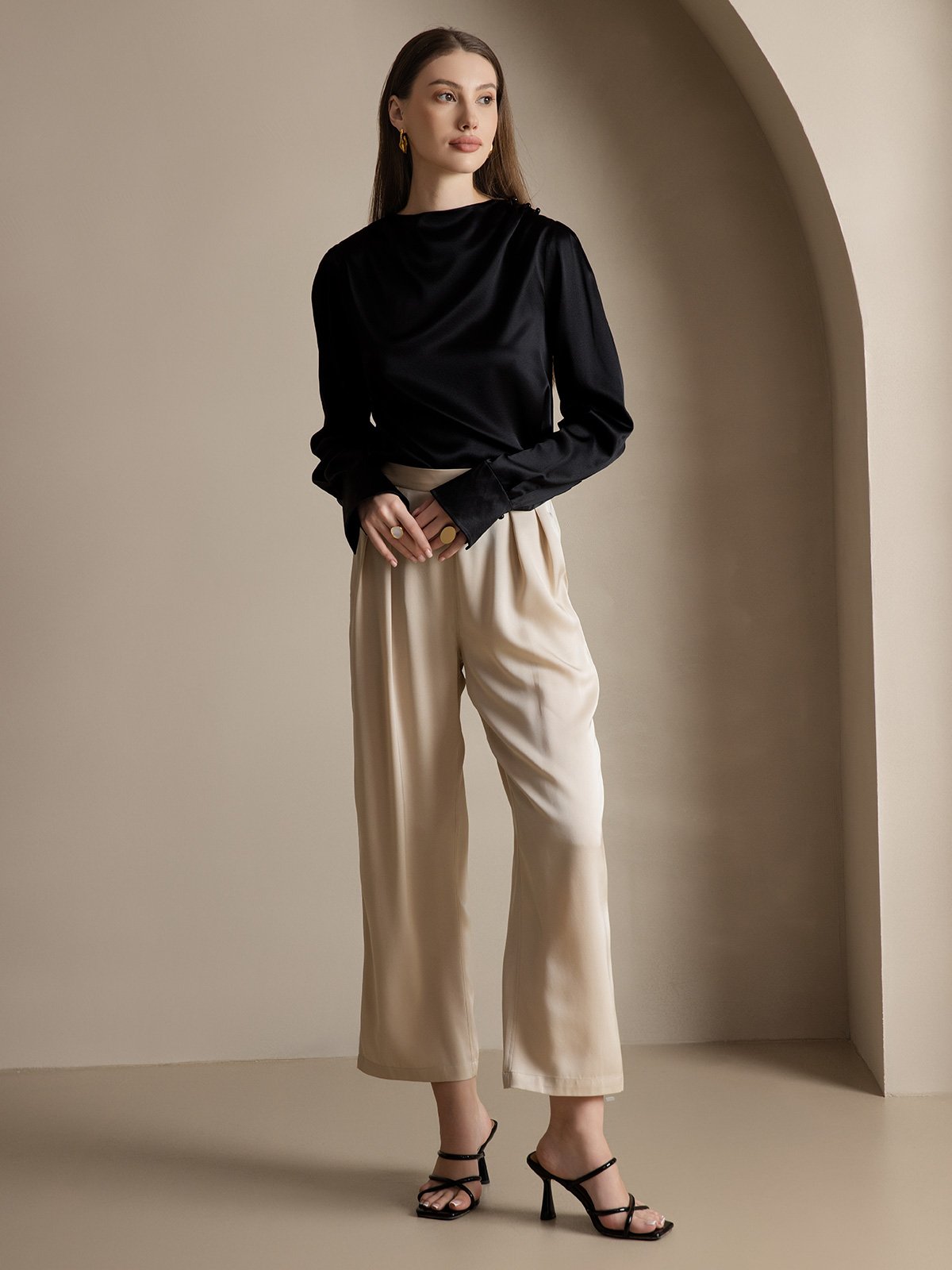 [Beige] SilkSilky-DE 22Momme Reine Seide Womens Pants 006
