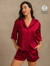[Rotwein] SilkSilky-DE 19Momme Halblange Ärmel Notch-Kragen Damen Pyjamas 001