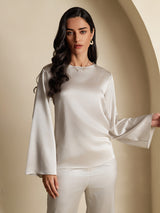[Hellgrau] SilkSilky-DE 19Momme Langärmelig U-Boot-Ausschnitt Bluse 001