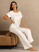 [Weiß] SilkSilky-DE 19Momme Kurzärmelig Damen Pyjamas 007