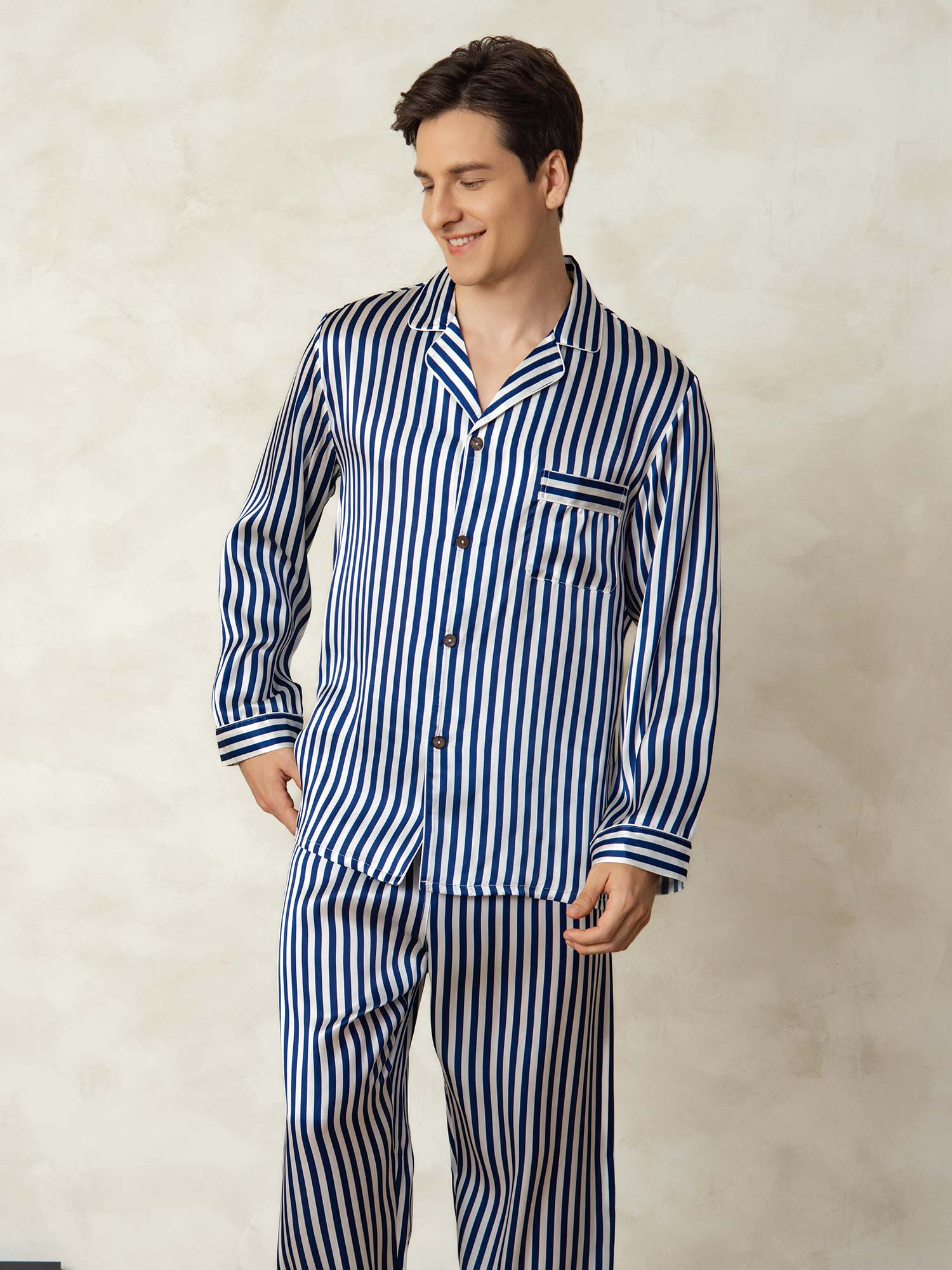 [Marine Streifen] SilkSilky-DE 19Momme Reine Seide Mens Pajamas 005