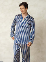 [Marine Streifen] SilkSilky-DE 19Momme Reine Seide Mens Pajamas 005,