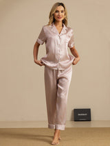 [Rosa Herz Geo] SilkSilky-DE Short Sleeve Notch-Kragen Damen Pyjamas 001