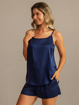 [Dunkelblau] SilkSilky-DE 19Momme Seide Ärmellos Camisole Set 007