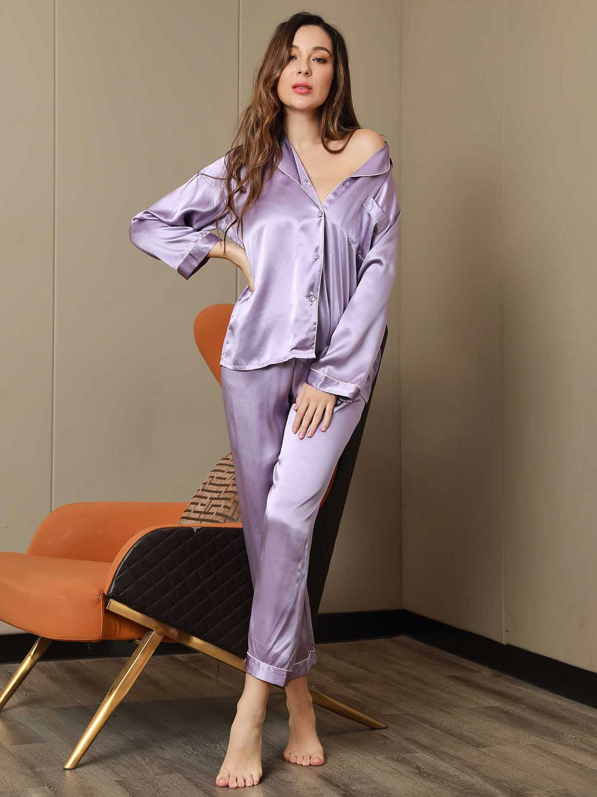 [Lavendel] SilkSilky-DE Reine Seide Womens Pajamas 004