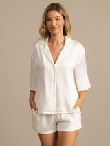 [Weiß] SilkSilky-DE 19Momme Halblange Ärmel Notch-Kragen Damen Pyjamas 003
