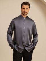 [Dunkelgrau] SilkSilky-DE Long Sleeve Stand Collar Herrenhemd 001