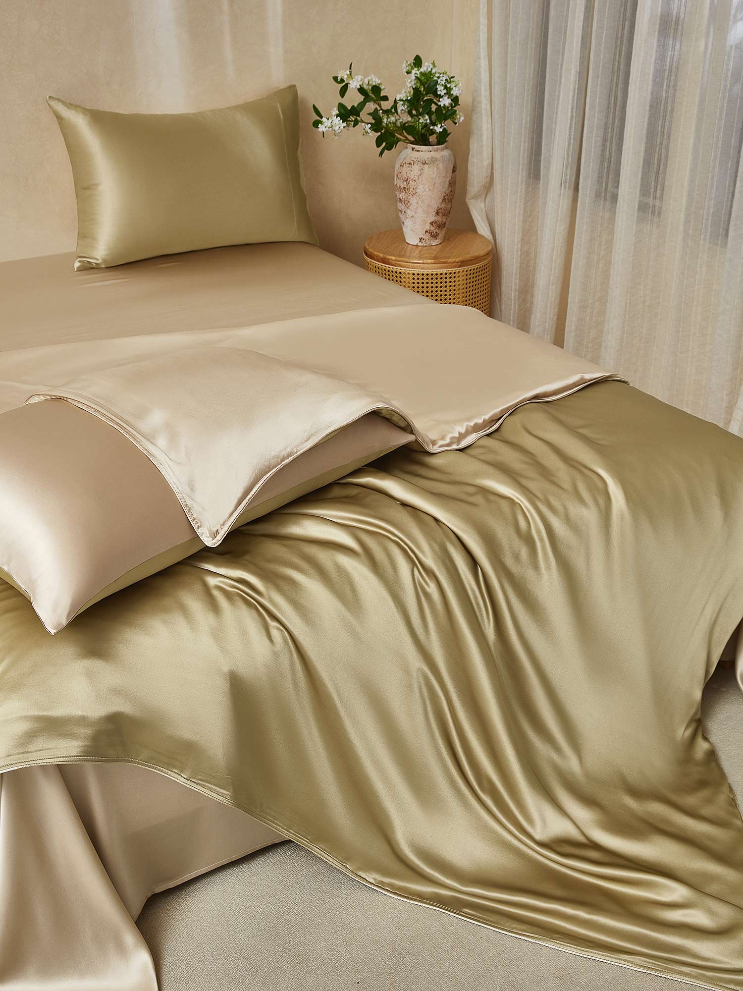 [Beige+Khaki] SilkSilky-DE 22Momme Reine Seide Bedding Set 001,