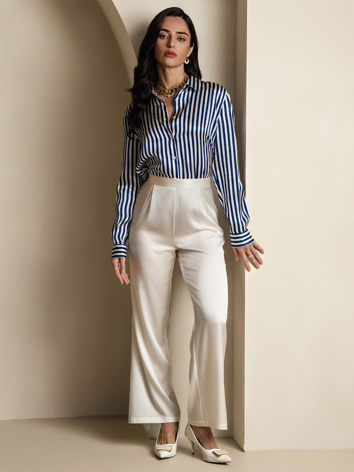 [Marine Streifen] SilkSilky-DE Seide Umlegekragen Damenhemd 007,