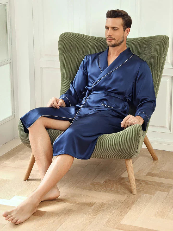 [Dunkelblau] SilkSilky-DE Reine Seide Mens Robe 006