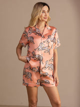 [Rosa Katze] SilkSilky-DE Short Sleeve Lapel Collar Damen Pyjamas 001