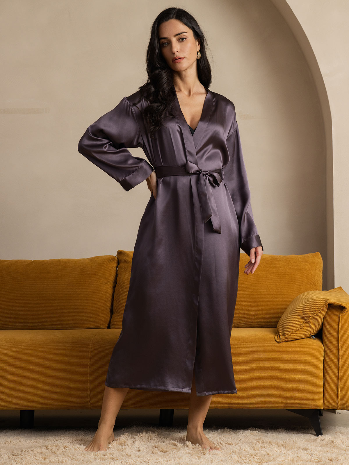 [Lila Grau] SilkSilky-DE Reine Seide Womens Robe 003