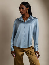 [Graublau] SilkSilky-DE Long Sleeve Lapel Collar Damenhemd 001