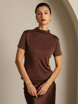 [Kaffee] SilkSilky-DE 100% Silk Jersey Short Sleeve Mock Neck T-Shirt 008
