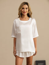 [Weiß] SilkSilky-DE Kurzärmelig Rundhalsausschnitt Damen Pyjamas 001