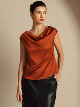 [Karamell] SilkSilky-DE Cap Sleeve Cowl Neck T-Shirt 005