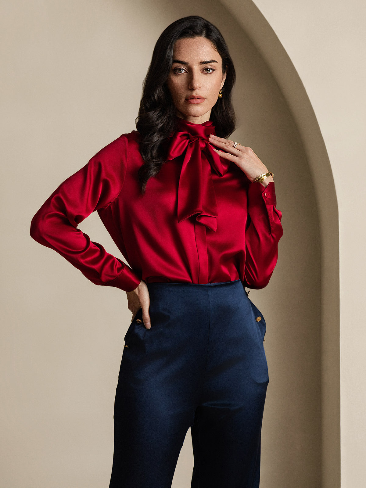 [Rotwein] SilkSilky-DE 19Momme Seide Langärmelig Blouse 005