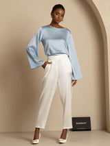 [Graublau] SilkSilky-DE Long Sleeve Boat Neck Bluse 007