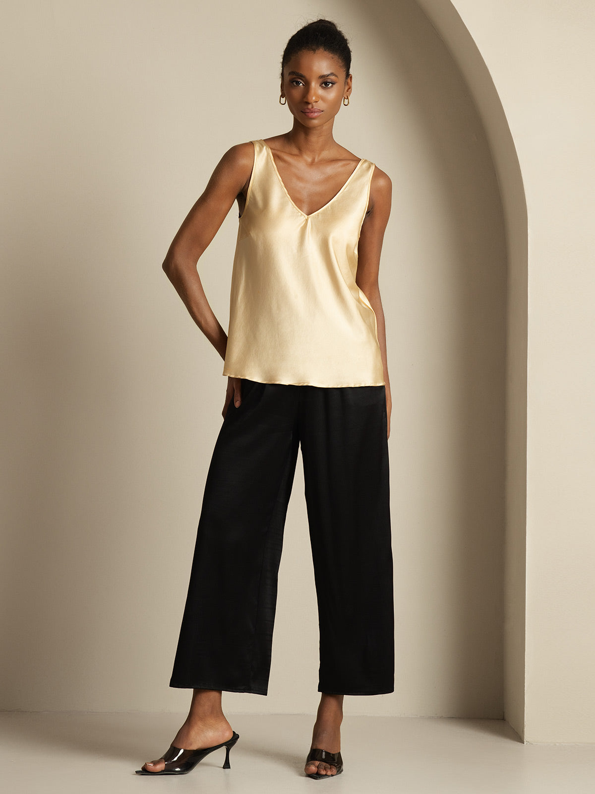 [Champagner] SilkSilky-DE 19Momme Seide V Ausschnitt Cami Top 008