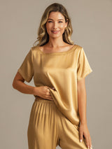 [Tan] SilkSilky-DE 19Momme Kurzärmelig Damen Pyjamas 006