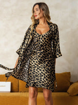 [Leopard] SilkSilky-DE Reine Seide V Ausschnitt Nachthemd&Morgenmantel Set 006,