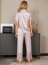 [Lavendel] SilkSilky-DE 19Momme Reine Seide Kurzärmelig Revers Damen Pyjamas 002