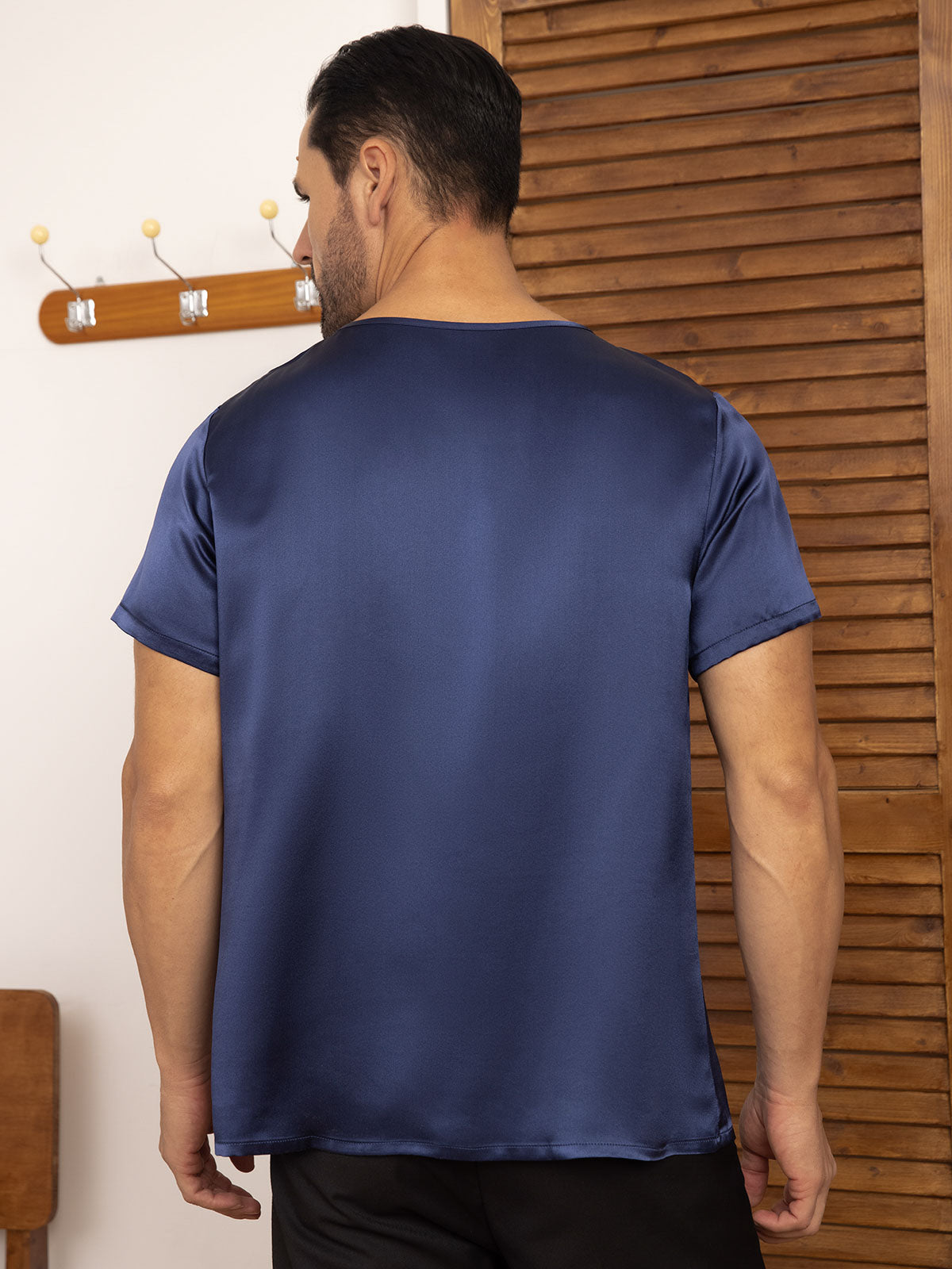 [Dunkelblau] SilkSilky-DE Reine Seide Kurzärmelig V Ausschnitt Herren T-Shirt 002