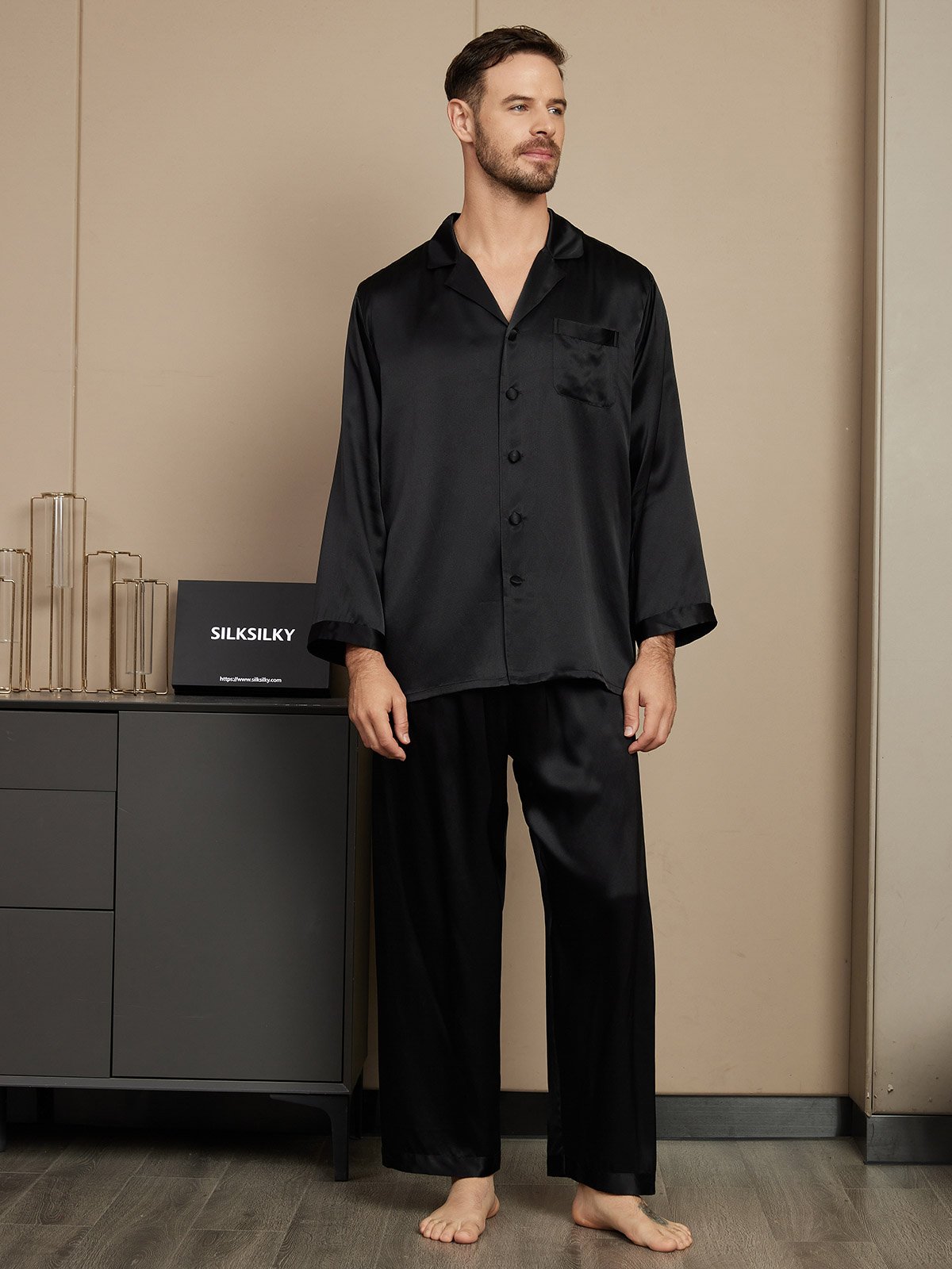 [Schwarz] SilkSilky-DE Reine Seide Mens Pajamas 001